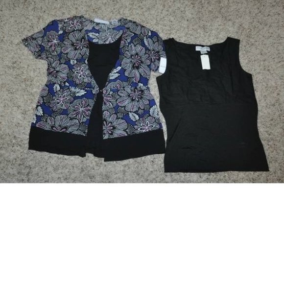 Womens Blouse Tank Top Set Black Blue Floral Small Petite Scoop Neck Sag Harbor - Picture 1 of 9